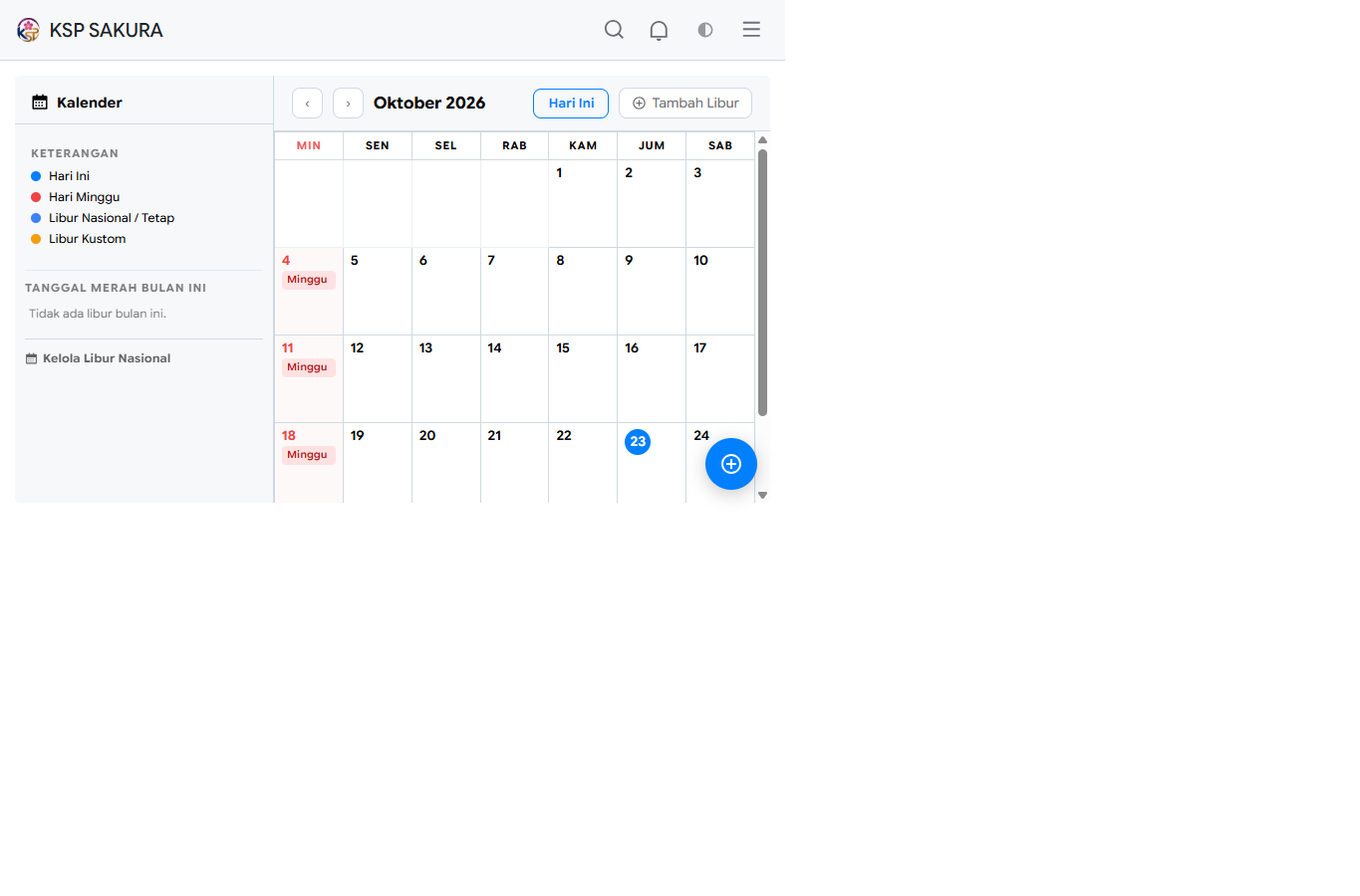 Tampilan fitur Kalender dan Hari Libur